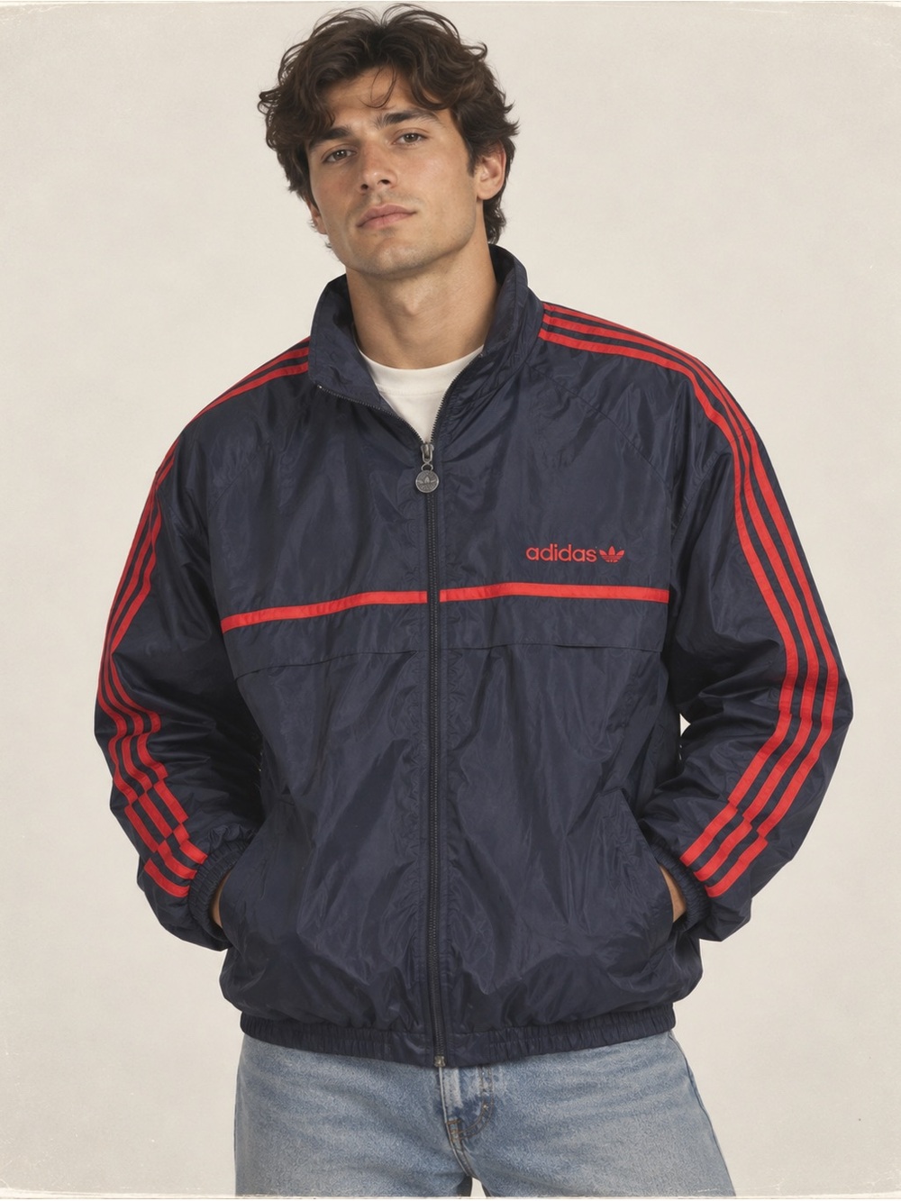 Adidas Vintage 90’s Windbreaker Track Jacket with Navy & Red Three-Stripe